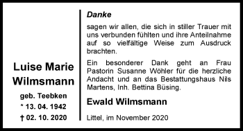 Traueranzeige von Luise Marie Wilmsmann von Nordwest-Zeitung