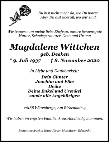 Traueranzeige von Magdalene Wittchen von Nordwest-Zeitung