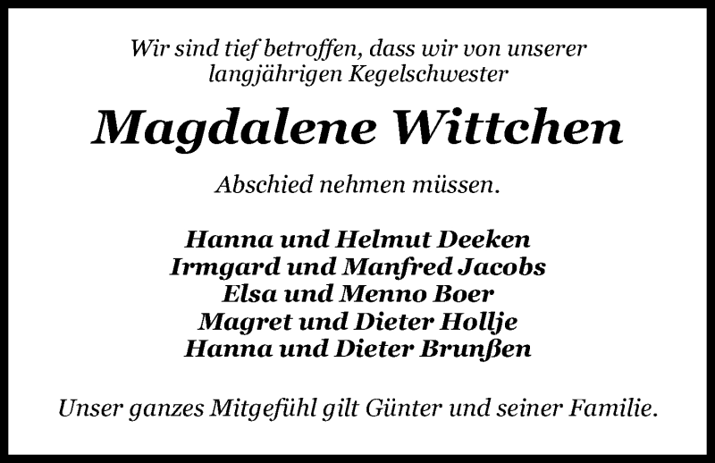  Traueranzeige für Magdalene Wittchen vom 28.11.2020 aus Nordwest-Zeitung