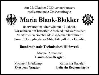 Traueranzeige von Maria Blank-Blokker von Nordwest-Zeitung