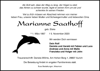 Traueranzeige von Marianne Saathoff von Emder Zeitung