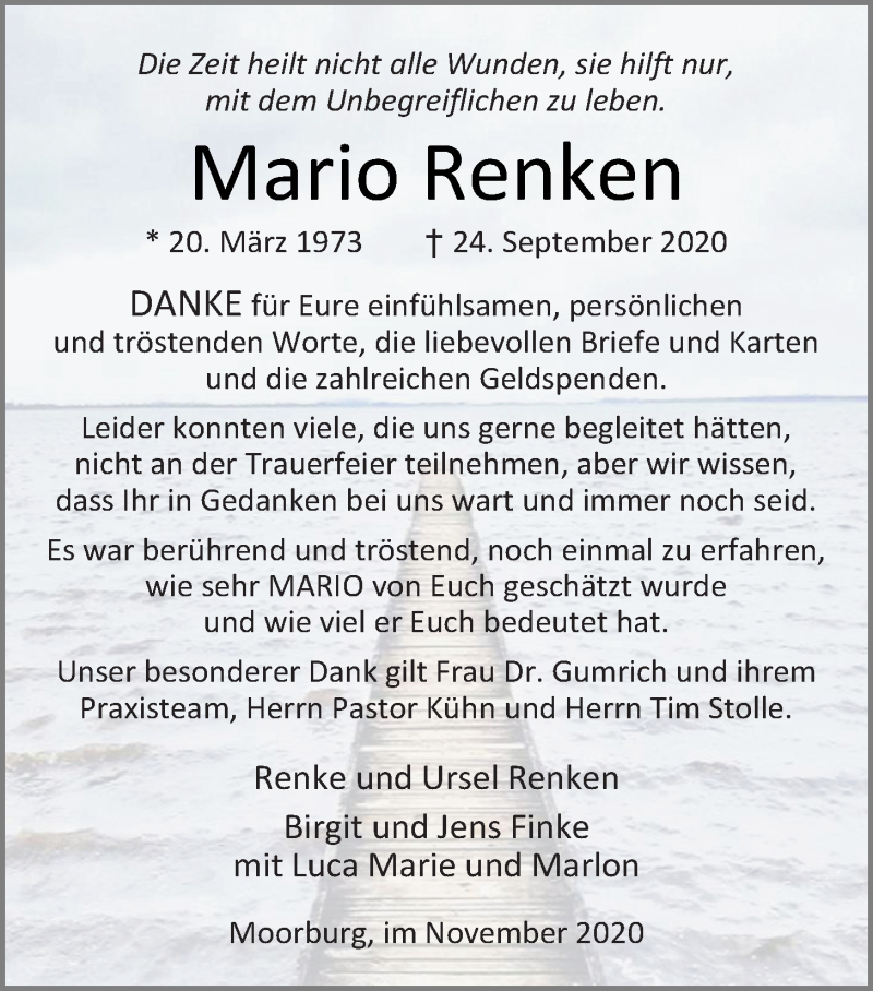  Traueranzeige für Mario Renken vom 06.11.2020 aus Nordwest-Zeitung