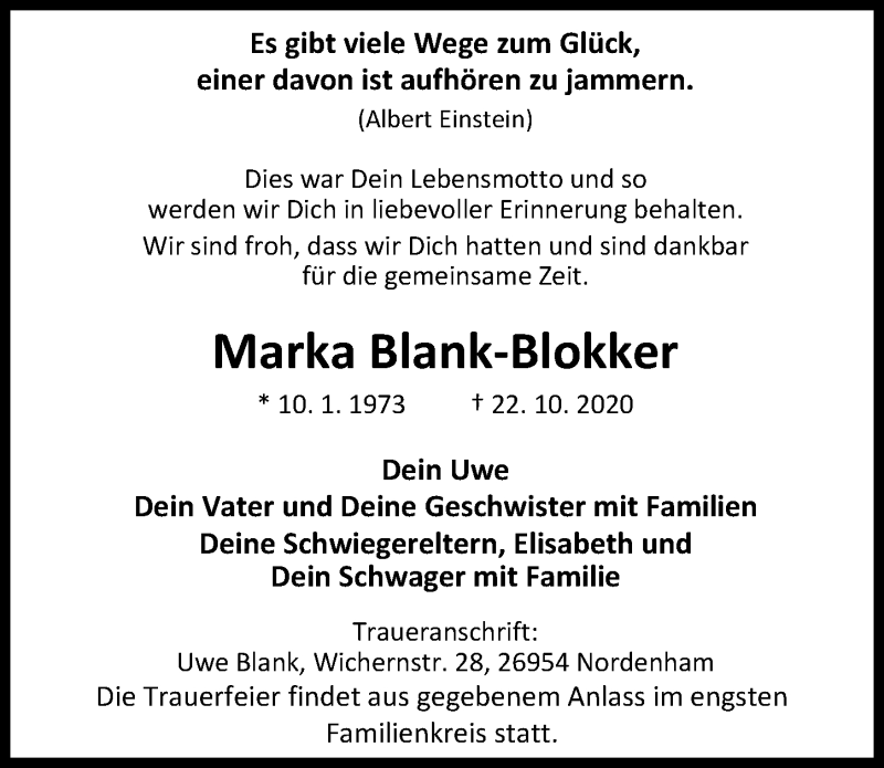  Traueranzeige für Marka Blank-Blokker vom 03.11.2020 aus Nordwest-Zeitung