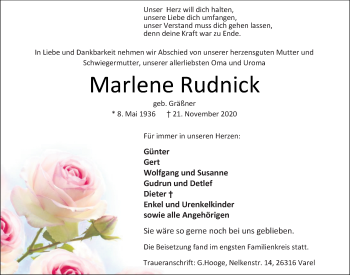 Traueranzeige von Marlene Rudnick von Nordwest-Zeitung