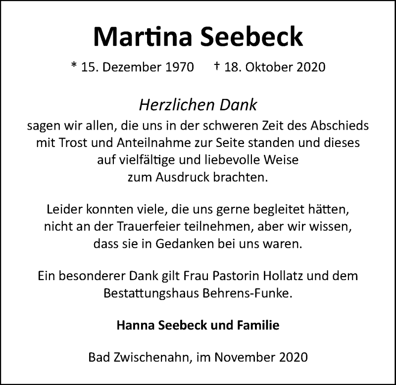  Traueranzeige für Martina Seebeck vom 28.11.2020 aus Nordwest-Zeitung