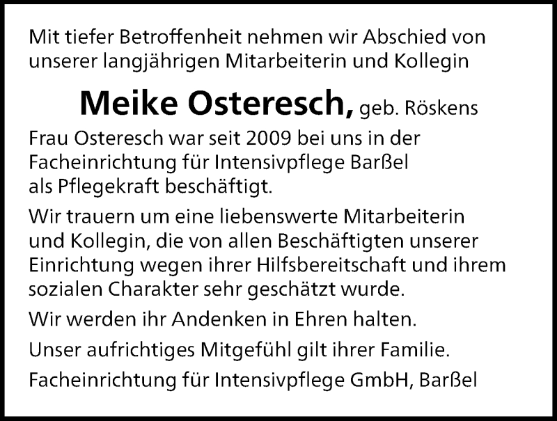  Traueranzeige für Meike Osteresch vom 25.11.2020 aus Nordwest-Zeitung