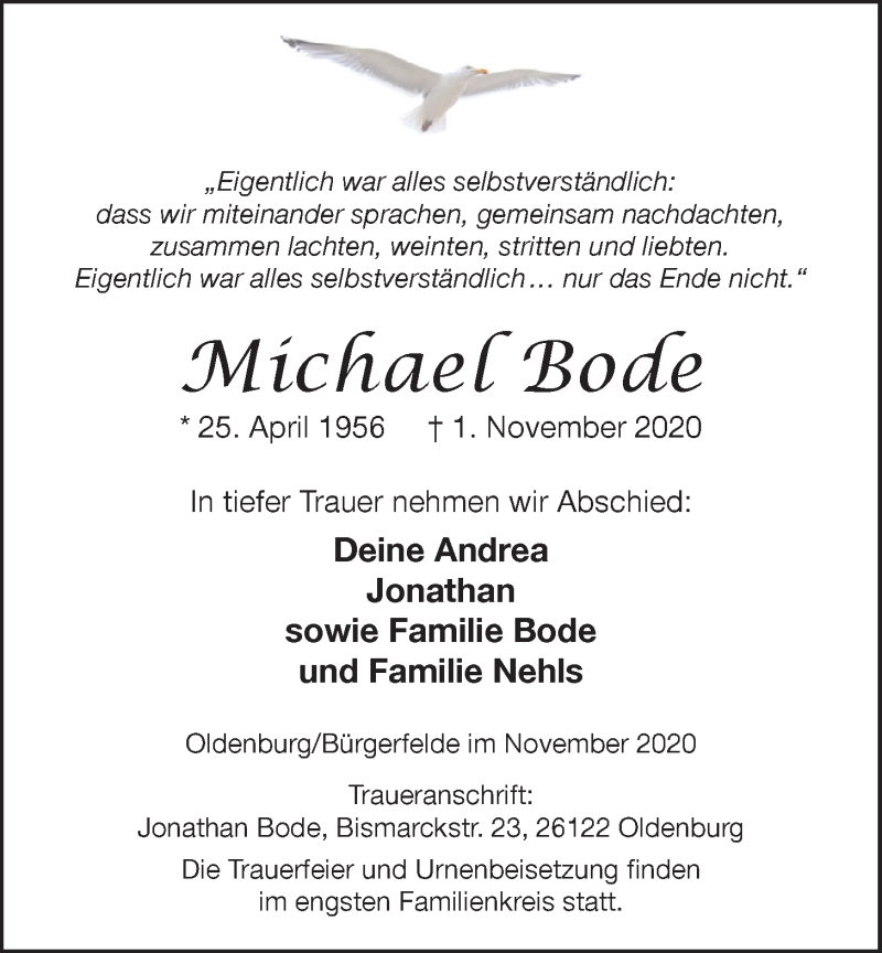  Traueranzeige für Michael Bode vom 07.11.2020 aus Nordwest-Zeitung