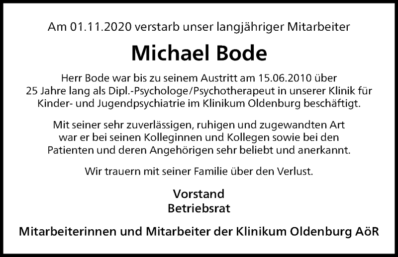  Traueranzeige für Michael Bode vom 07.11.2020 aus Nordwest-Zeitung