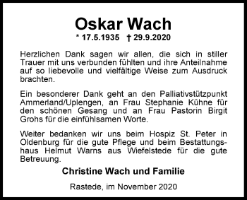 Traueranzeige von Oskar Wach von Nordwest-Zeitung
