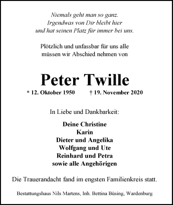 Traueranzeige von Peter Twille von Nordwest-Zeitung