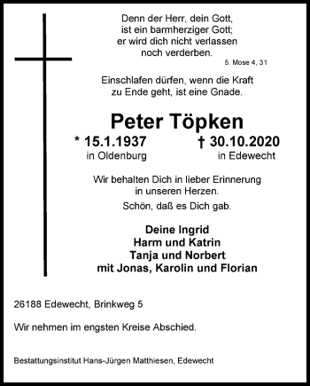 Traueranzeige von Peter Töpken von Nordwest-Zeitung