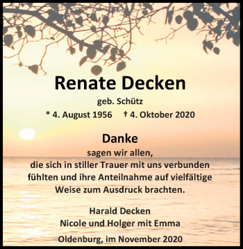 Traueranzeige von Renate Decken von Nordwest-Zeitung