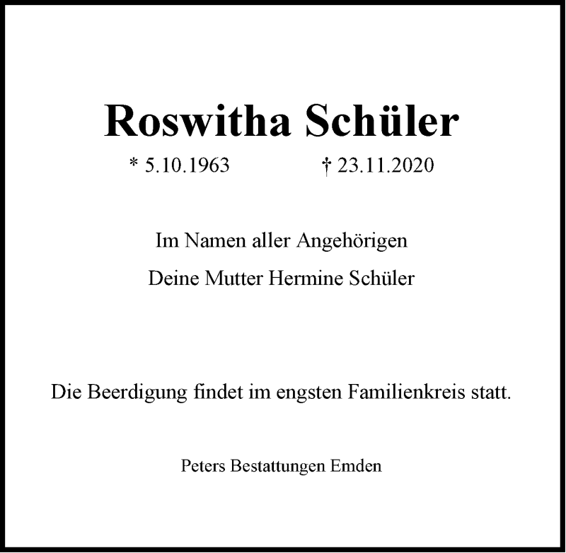  Traueranzeige für Roswitha Schüler vom 28.11.2020 aus Emder Zeitung