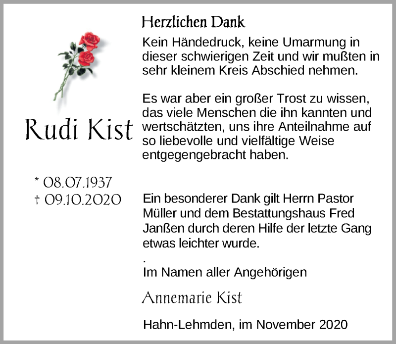  Traueranzeige für Rudi Kist vom 03.11.2020 aus Nordwest-Zeitung