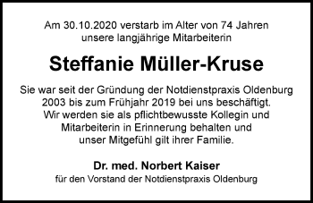 Traueranzeige von Steffanie Müller-Kruse von Nordwest-Zeitung