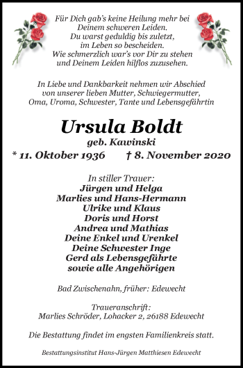 Traueranzeige von Ursula Boldt von Nordwest-Zeitung