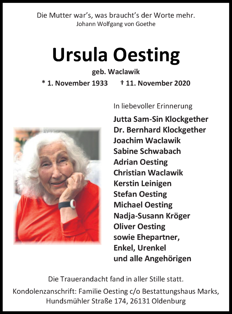  Traueranzeige für Ursula Oesting vom 20.11.2020 aus Nordwest-Zeitung