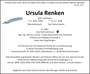 Traueranzeige von Ursula Renken von Nordwest-Zeitung