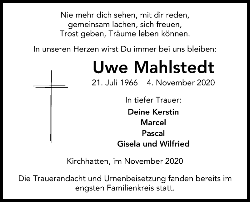  Traueranzeige für Uwe Mahlstedt vom 28.11.2020 aus Nordwest-Zeitung