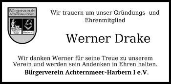 Traueranzeige von Werner Drake von Nordwest-Zeitung