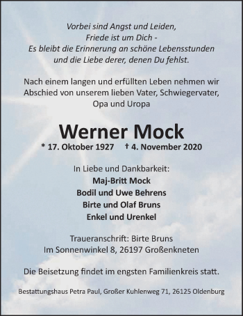 Traueranzeige von Werner Mock von Nordwest-Zeitung