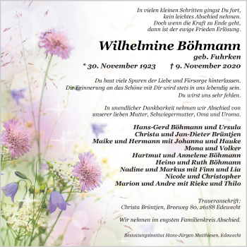 Traueranzeige von Wilhelmine Böhmann von Nordwest-Zeitung