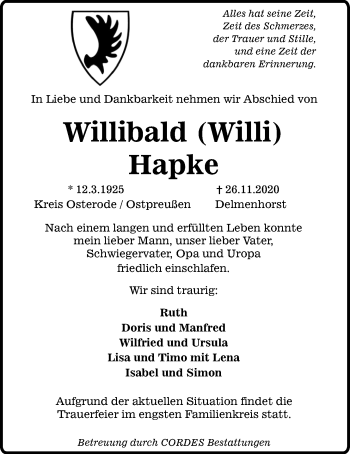 Traueranzeige von Willibald (Willi) Hapke von Nordwest-Zeitung