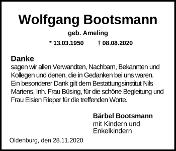 Traueranzeige von Wolfgang Bootsmann von Nordwest-Zeitung
