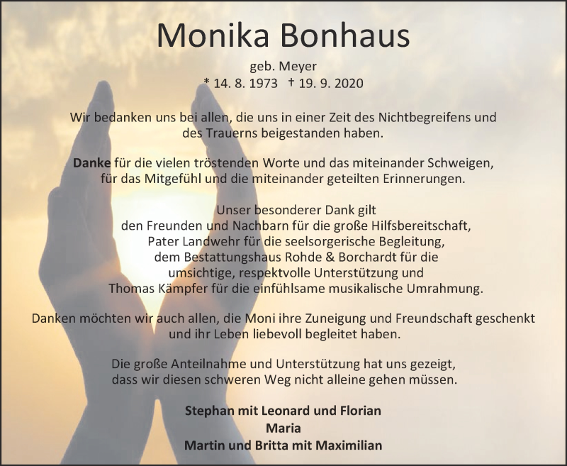  Traueranzeige für Monika Bonhaus vom 14.10.2020 aus Nordwest-Zeitung