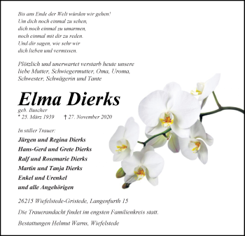 Traueranzeige von Elma Dierks von Nordwest-Zeitung