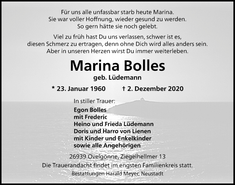  Traueranzeige für Marina Bolles vom 04.12.2020 aus Nordwest-Zeitung