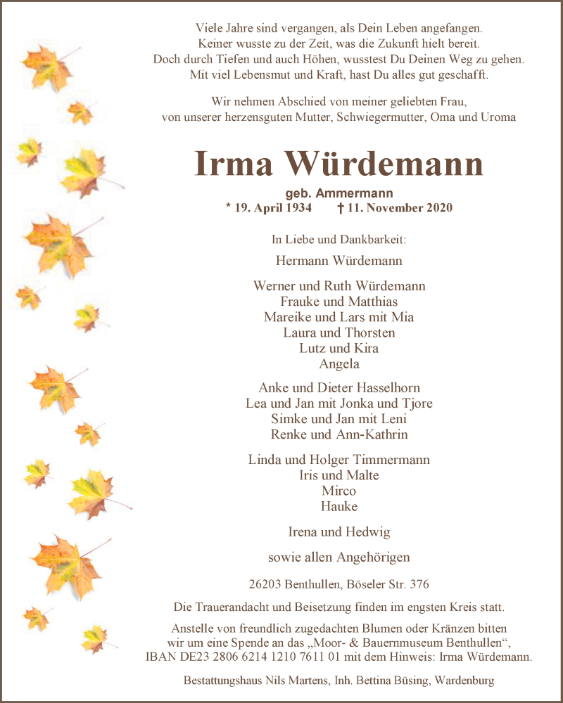 Traueranzeige für Irma Würdemann vom 04.12.2020 aus Nordwest-Zeitung