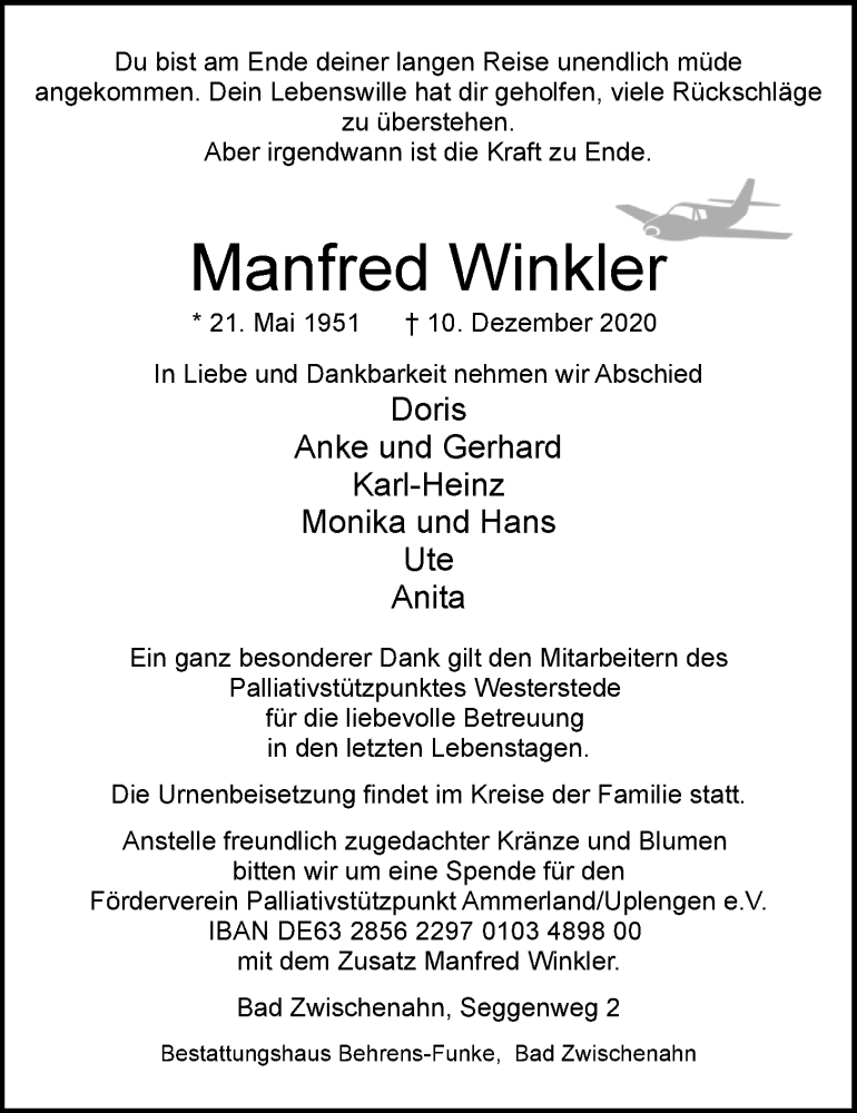  Traueranzeige für Manfred Winkler vom 12.12.2020 aus 