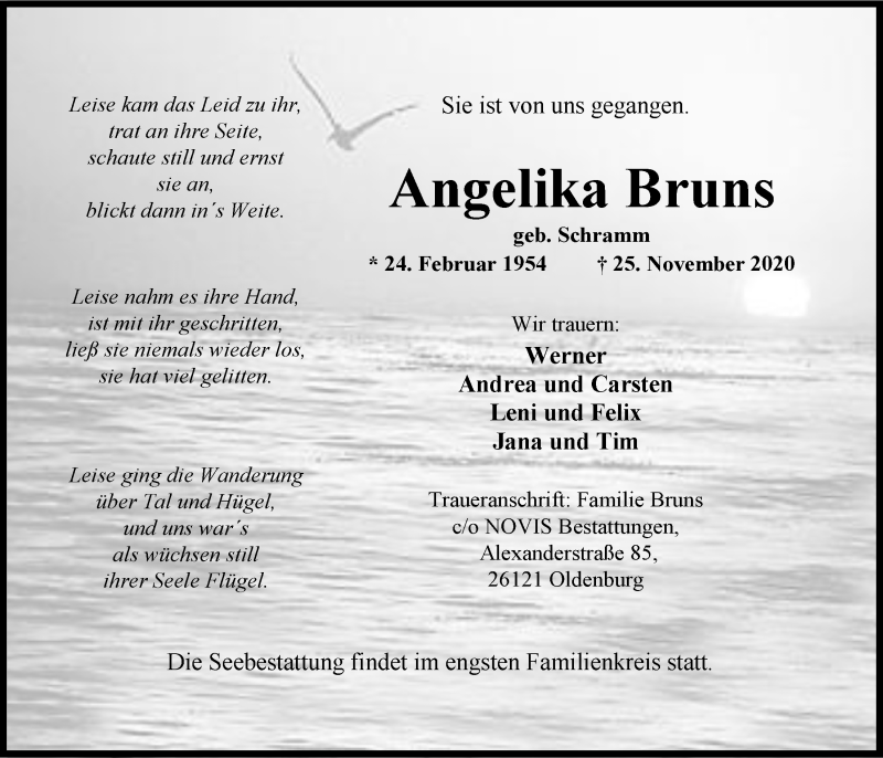  Traueranzeige für Angelika Bruns vom 05.12.2020 aus Nordwest-Zeitung