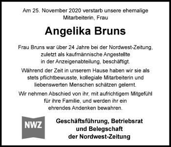 Traueranzeige von Angelika Bruns von Nordwest-Zeitung