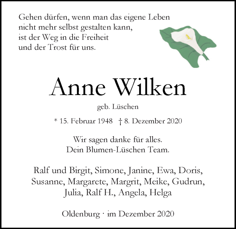  Traueranzeige für Anne Wilken vom 12.12.2020 aus Nordwest-Zeitung