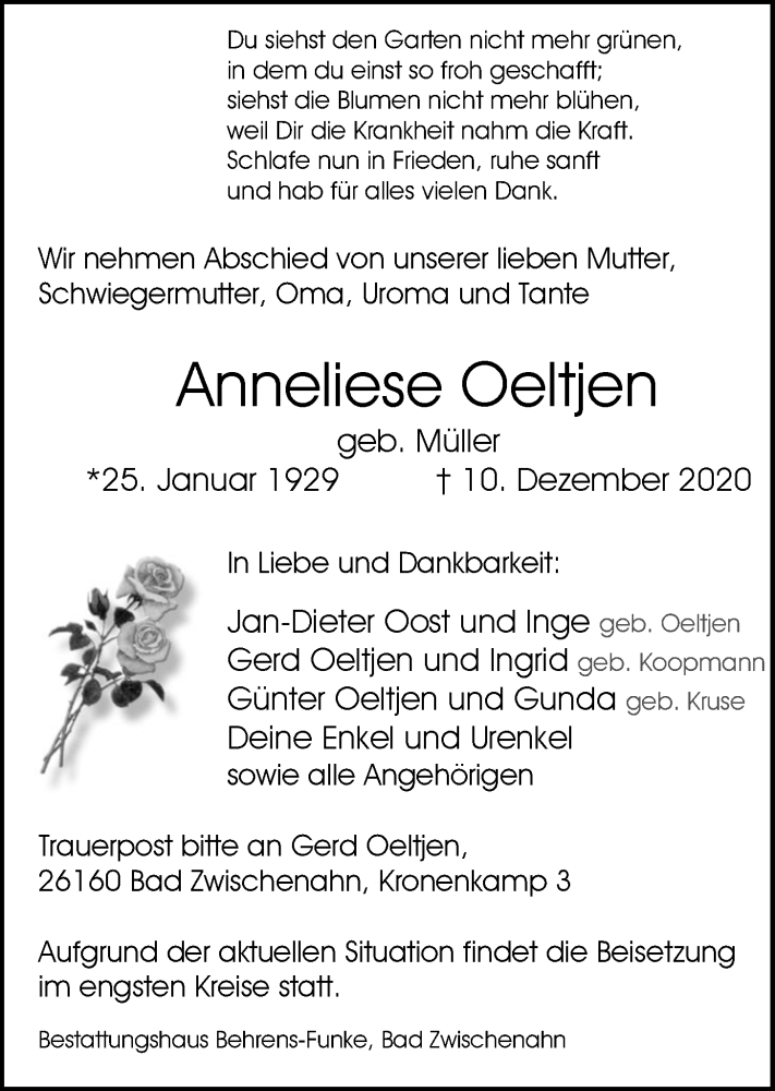  Traueranzeige für Anneliese Oeltjen vom 17.12.2020 aus Nordwest-Zeitung