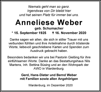 Traueranzeige von Anneliese Weber von Nordwest-Zeitung