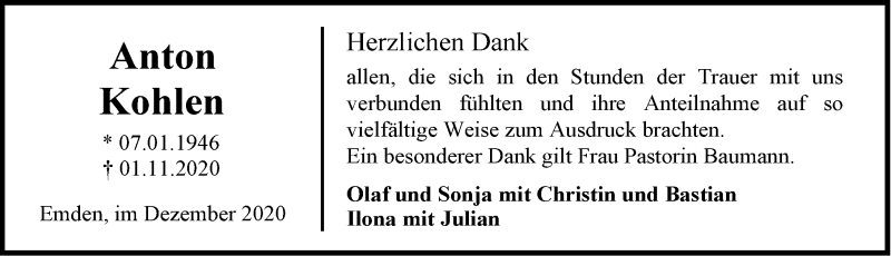  Traueranzeige für Anton Kohlen vom 19.12.2020 aus Emder Zeitung