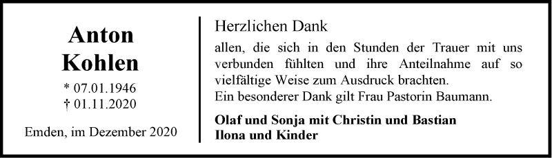  Traueranzeige für Anton Kohlen vom 12.12.2020 aus Emder Zeitung