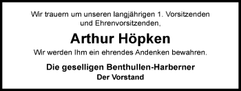 Traueranzeige von Arthur Höpken von Nordwest-Zeitung