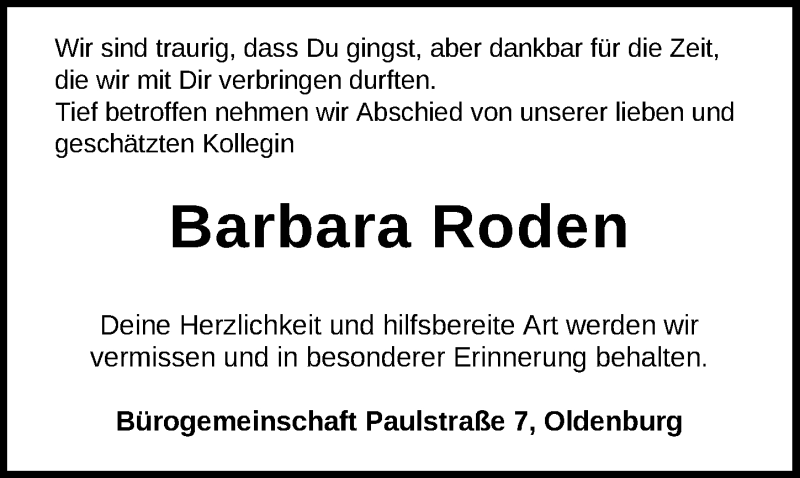  Traueranzeige für Barbara Roden vom 29.12.2020 aus Nordwest-Zeitung