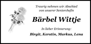 Traueranzeige von Barbara Wittje von Nordwest-Zeitung