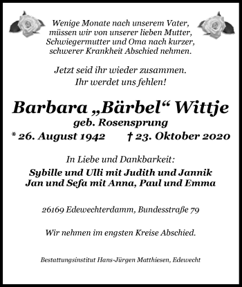 Traueranzeige von Barbara Wittje von Nordwest-Zeitung