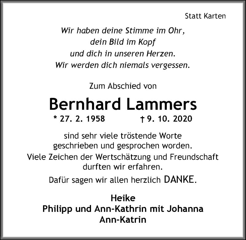  Traueranzeige für Bernhard Lammers vom 05.12.2020 aus Nordwest-Zeitung