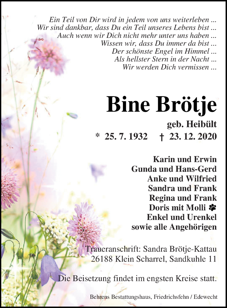  Traueranzeige für Bina Brötje vom 29.12.2020 aus Nordwest-Zeitung