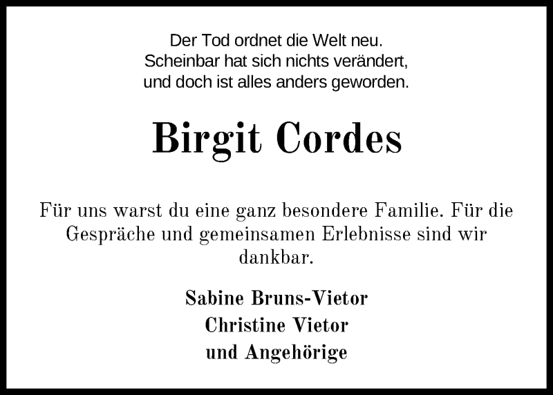  Traueranzeige für Birgit Cordes vom 19.12.2020 aus Nordwest-Zeitung