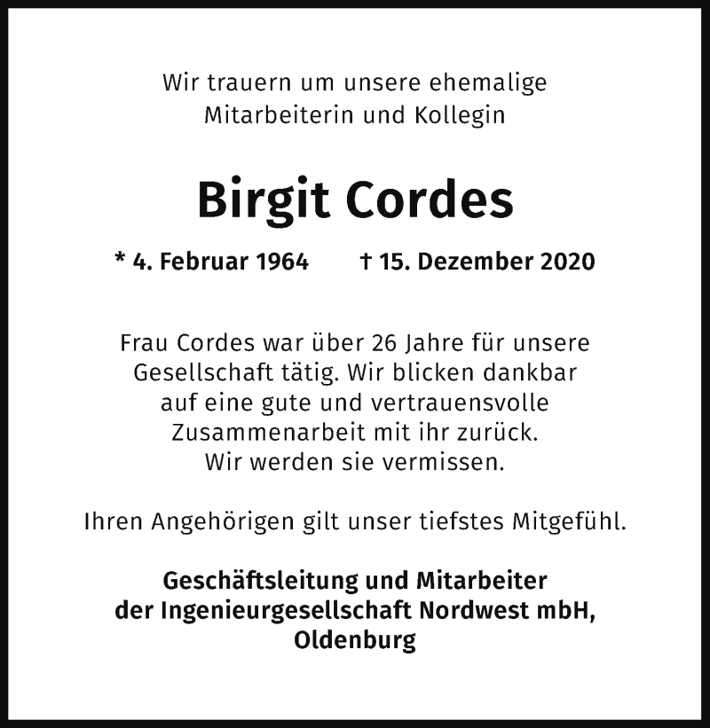  Traueranzeige für Birgit Cordes vom 19.12.2020 aus Nordwest-Zeitung