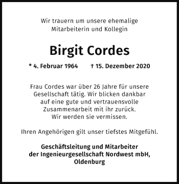 Traueranzeige von Birgit Cordes von Nordwest-Zeitung