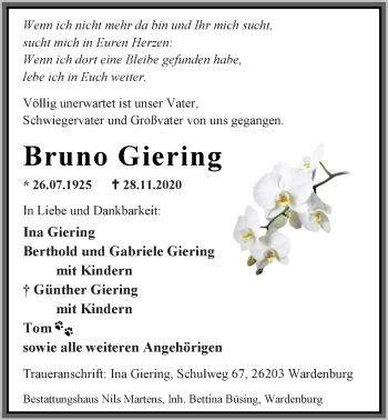 Traueranzeige von Bruno Giering von Nordwest-Zeitung